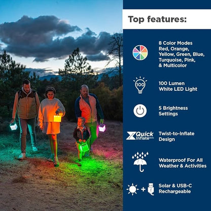 LuminAID Nova Colors Solar Camping Lantern - Twist-to-Inflate LED Lamp with 8 Color Modes Perfect for Camping, Hiking, Travel and More - Emergency Light for Power Outages, Hurricane, Survival Kits