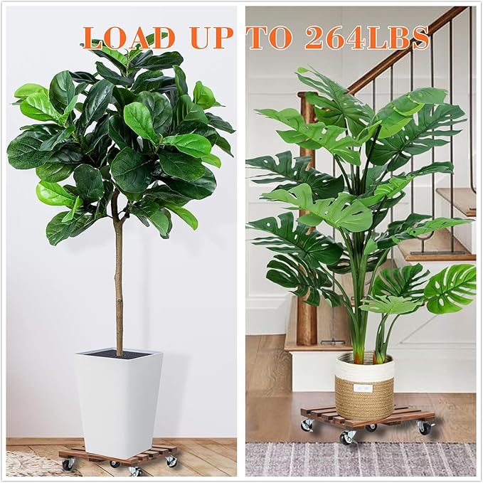 2 Pack Plant Stand with Wheels, 12" Rolling Plant Stand 264 LBS Heavy Duty Wooden Square Plant Caddy with Metal 360° Lockable Caster Wheels for Outdoor Indoor Large Plant Pots, Flower Pot, Patio