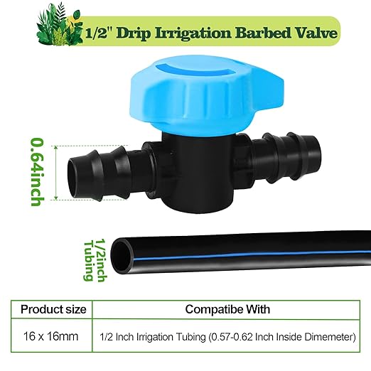 5 Pack 1/2 Inch Drip Irrigation Shut Off Valve Fittings - 1/2'' Drip Line Barbed Shut-off Valves Connectors for 1/2 Inch Drip Irrigation Tubing (.570-.620" ID) Drip System Water Flow Control