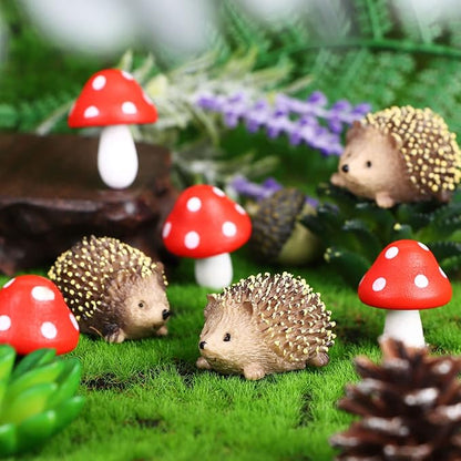 8 Pcs Fairy Wild Garden Accessories Mini Hedgehogs and Mushroom Statue Micro Landscape Plant Pots Bonsai Craft Decor Miniature Mushroom Figurines Hedgehogs Outdoor Mushroom Figurine for Garden