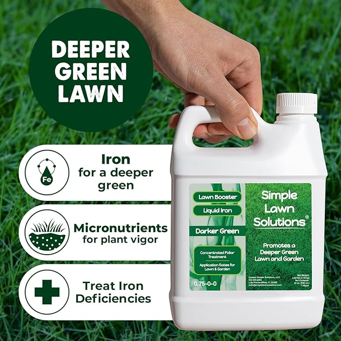 Simple Lawn Solutions - Liquid Iron Fertilizer Darker Green - Chelated Micronutrients - Concentrated Green Booster for Turf Grass, Indoor Plants and Outdoor Garden (32 Ounce)