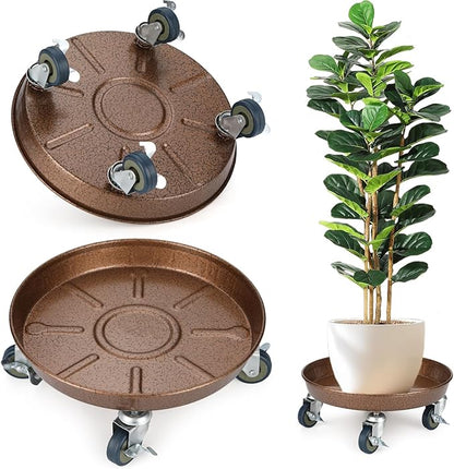 2 Pack Plant Caddy with Wheels, 13.4" Rolling Plant Stand 265 LBS Heavy Duty Metal Tray No Holes with Large Metal 360° Lockable Caster Wheels for Outdoor Indoor Large Plant Pots, Flower Pot, Patio