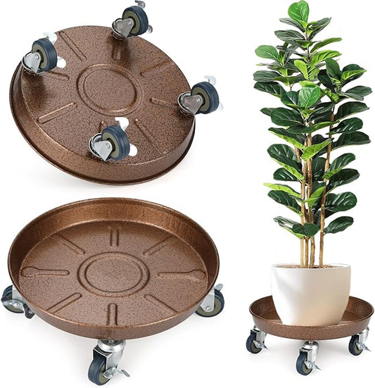 2 Pack Plant Caddy with Wheels, 13.4" Rolling Plant Stand 265 LBS Heavy Duty Metal Tray No Holes with Large Metal 360° Lockable Caster Wheels for Outdoor Indoor Large Plant Pots, Flower Pot, Patio