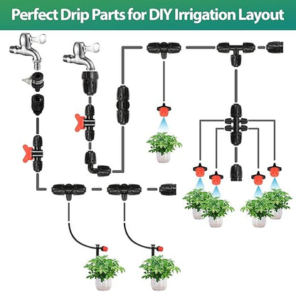RedChili 12 Pcs 1/2" to 1/4" Drip Irrigation Fittings, Dripline 1/2 Inch (1/2" ID x0.6-0.65" OD) to 1/4 Inch Reducing Tee Adapter Drip Tubing Barbed Lock Nuts 1/2" to 1/4" Irrigation 6 Way Connectors