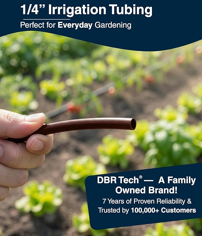 DBR Tech® 1/4 Drip Irrigation Tubing, 200 Feet, Flexible PVC Plastic Drip Irrigation Hose for Gardening, Misting, Hydroponics and DIY Landscape Garden Projects, Blank Distribution (200ft, Brown)