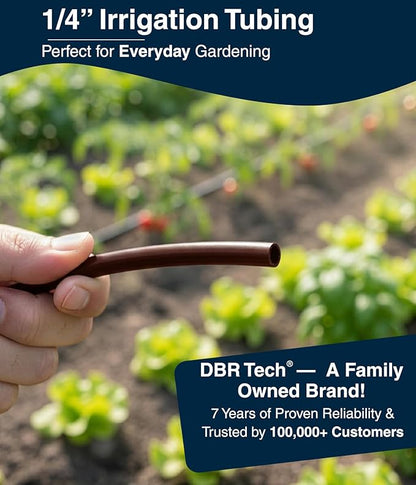 DBR Tech® 1/4 Drip Irrigation Tubing, 200 Feet, Flexible PVC Plastic Drip Irrigation Hose for Gardening, Misting, Hydroponics and DIY Landscape Garden Projects, Blank Distribution (200ft, Brown)