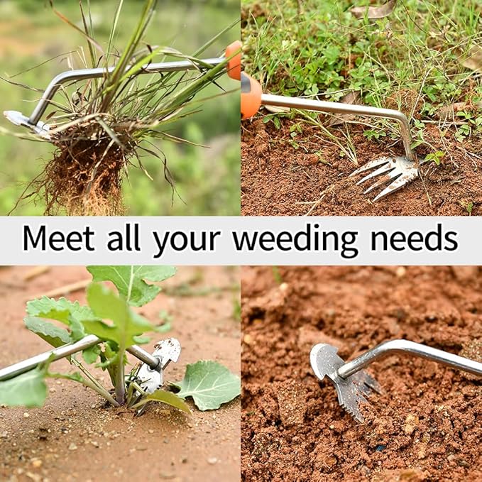 Weed Puller Tool，2025 New Garden Weeder Tool Stainless Steel Hand Weeder Tool,4 Teethes Dual Purpose Weed Remover Tool Weeding Tools for Gardening (Rubber Handle)