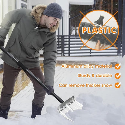 Snow Shovel, Aluminum Portable Snow Pusher Shovel Heavy Duty Metal Snow Shovel for Driveway Car Home Garage