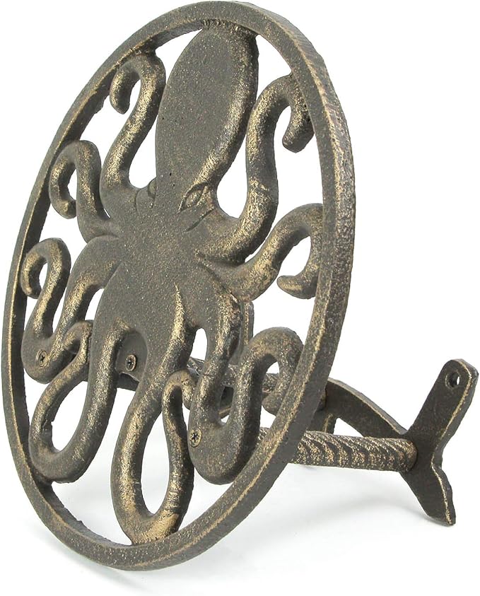 Cast Iron 12 inch Octopus Decorative Wall Mounted Hanging Garden Hose Hanger Bronze Finish - 125 ft Hose Holder Capacity - Nautical Sea Life Outdoor Décor