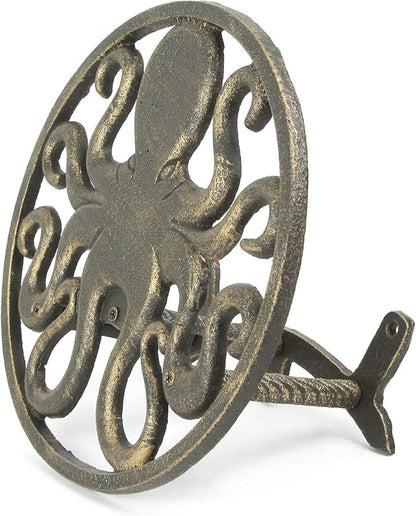 Cast Iron 12 inch Octopus Decorative Wall Mounted Hanging Garden Hose Hanger Bronze Finish - 125 ft Hose Holder Capacity - Nautical Sea Life Outdoor Décor