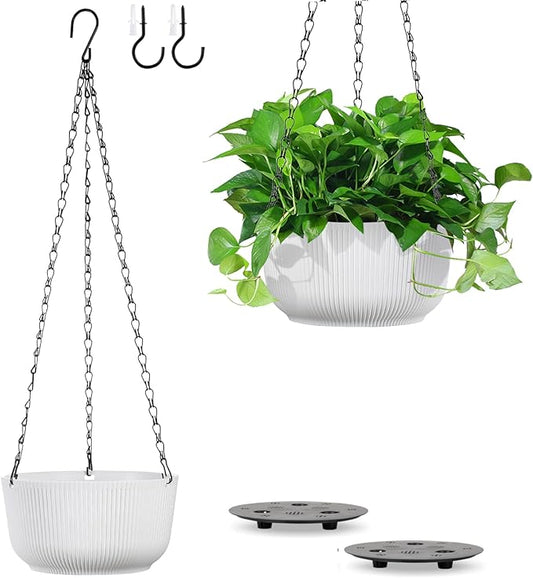 Set of 2 White 8.8 Inch Hanging Planters for Indoor Outdoor Plants, Self Watering Hanging Baskets Flower Pots with Drainage Hole & Plug