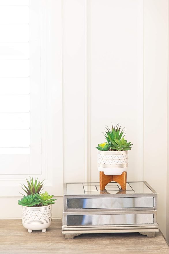 Flora Bunda 5" White Gold Ceramic Geometric W/Wood Stand Planter Pot Mid Century, 5x5x6, for Houseplants, Succulents, Snake Plants – Plants not Included