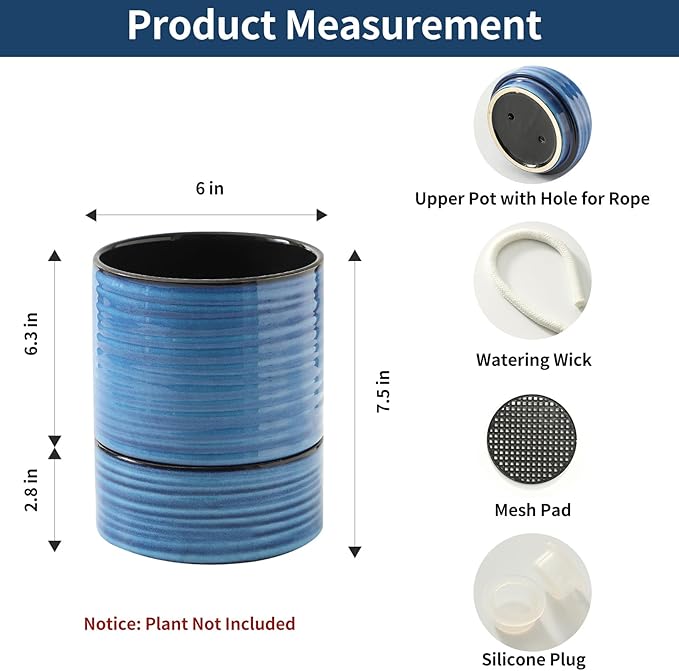 HASENSE Self Watering Pots for Indoor Plant, 6 Inch Porcelain Planter with Drainage Hole & Water Storage Plus for Indoor & Outdoor Plants, Round Flower Pot for Christmas Thanksgiving Gift, Blue