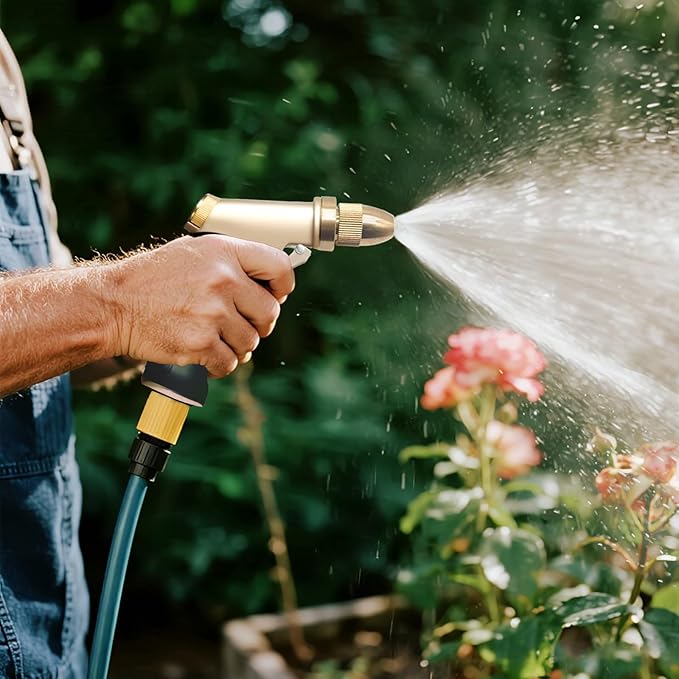 Heavy Duty Brass Garden Hose Nozzle High Pressure Metal Water Spray Nozzle with 4 Adjustable Patterns for Garden Watering, Car Washing & Pet Bathing (Brass)