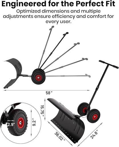36” Snow Shovel for Driveway,Heavy Duty Wheeled Rolling Shovels 5 Position Angled Blade, Ergonomic Handle & Rubber Wheels for Efficient Snow Removal, Snow Plow for Doorway,Driveway and Sidewalks