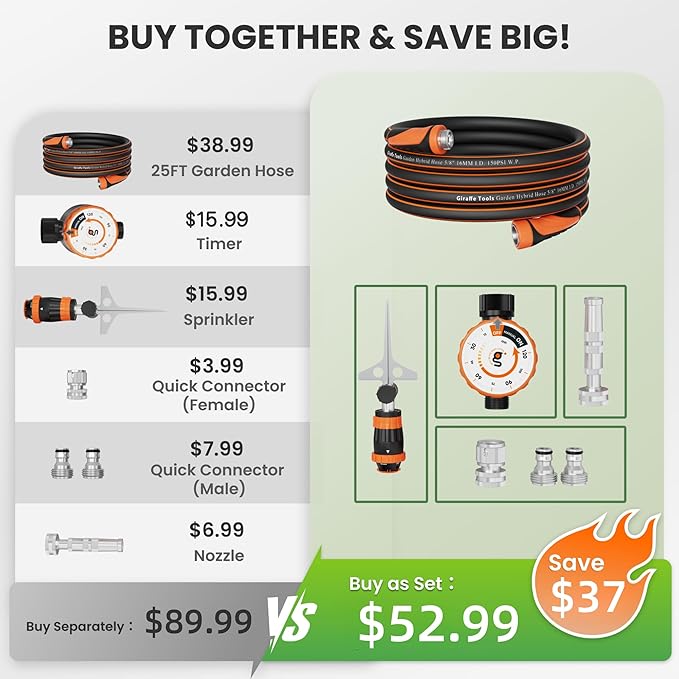 Giraffe Tools Garden Hose 25ft x 5/8", Water Hose Heavy Duty, Flexible with Water Timer Nozzle and Yard Sprinkler, Lightweight Hybrid Hose with Swivel Handle, Male to Female Fittings, Burst 600 PSI