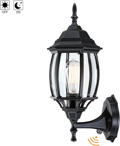 16.8 Inch Outdoor Porch Light Dusk to Dawn, Black Outside Lights for House Outdoor Exterior Wall Sconce with Dusk to Dawn Sensor, Black Wall Lantern for Porch Garage,Front Door,E26