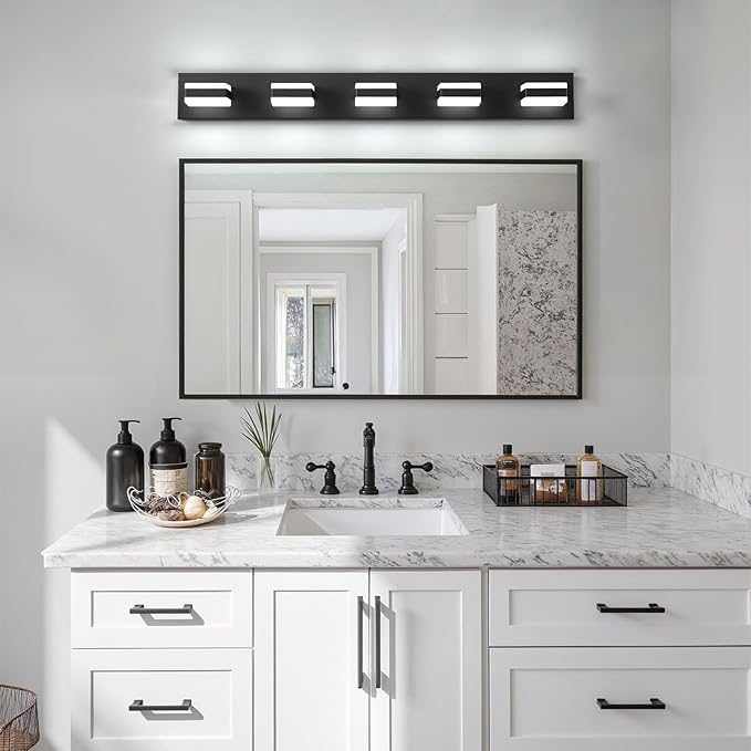 Bathroom Lighting Fixtures Over Mirror, 5 Light Bathroom Vanity Light Fixtures with Cool White 5000K, Matte Black LED Modern Vanity Wall Lights for Bath, Dressing Room, Restroom, 37.4 inch