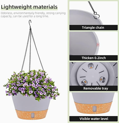QCQHDU 2 Pack Hanging Planters for Indoor Outdoor Plants, 8 Inch Hanging Baskets Flower Pots with Reservoir Tray & Visible Water-Level