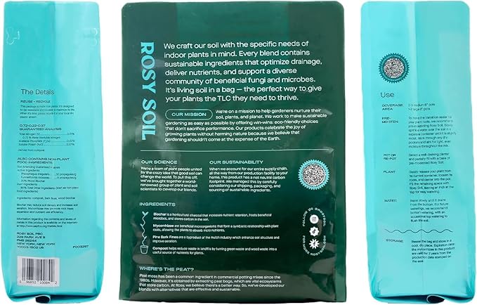 Rosy Soil Indoor Potting Soil for House Plants - Organic Potting Soil Mix for Indoor Plants - Enriched w/Root-Boosting Biochar for Foliage Plants, Flowers, Herbs - Peat Free, Less Prone to Gnats - 8qt
