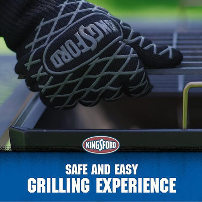 Kingsford Extreme Heat BBQ Grill Gloves, 2 Count | Heat Resistant Barbecue Gloves | The Ultimate Heat Barrier Silicone Grilling Gloves with Anti-Slip Safe Grip, Black, 1 Size Fits All