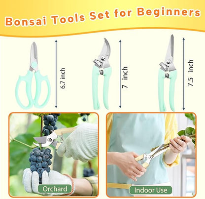 Bonsai Tools Set for Beginners, Bonsai Tree Kit with Training Wire, Scissors, Pruning Shears, Repotting Kit, Indoor Plant Tools Starter Kit (Green)