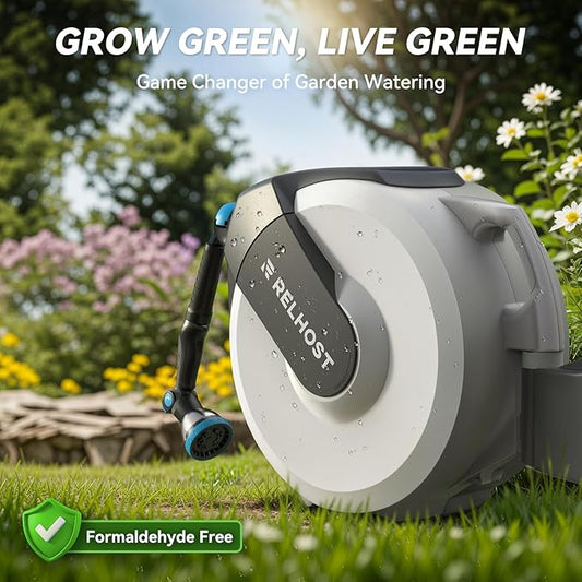 Retractable Garden Hose Reel 120 ft x 1/2 in, Heavy Duty Hose Reel Wall Mount with Any Length Lock, Auto Rewind System, 180° Swivel Bracket, 10-Pattern Garden Hose Nozzle, White & Grey