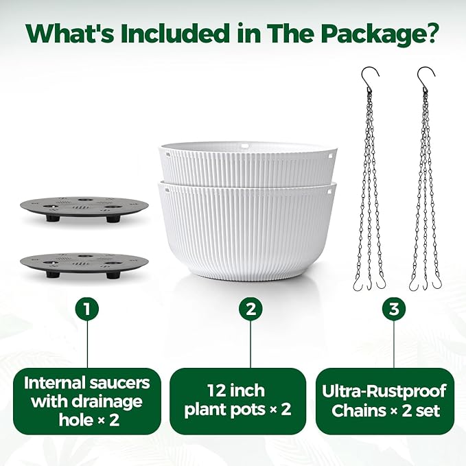 T4U 12 Inch Large Hanging Planters for Indoor Plants, 2 Pack Self Watering Pots Indoor, Hanging Baskets for Plants,Hanging Flower Pot with Drainage Hole and Plant Hanger, White