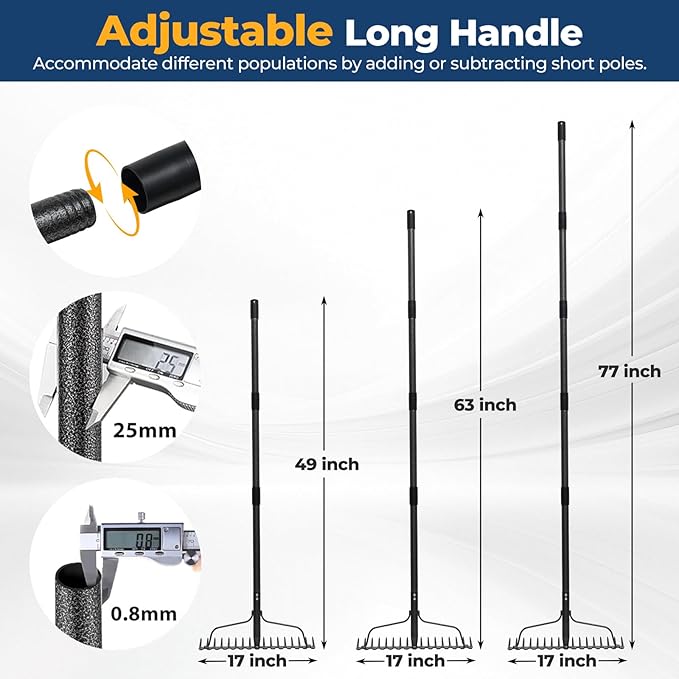 49" Rake - 17" Extra Wide Garden Tool with Double-Sided Head, Heavy Duty Lightweight Stainless Steel Construction for Mulching & Debris Removal, Leveling Lawn, Loosening Soil, Leaf Cleanup, Soil Prep