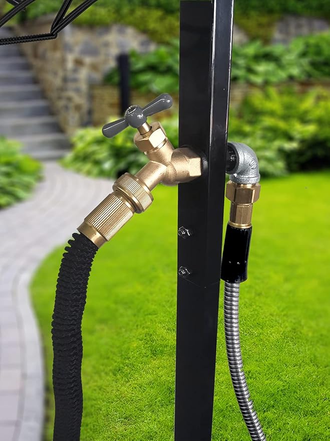Outdoor Hose Holder Stand with Brass Spigot Faucet - Freestanding Metal Water Pipe Extension Hanger Stake Heavy Duty Storage Organizer for Garden Lawn, Backyard