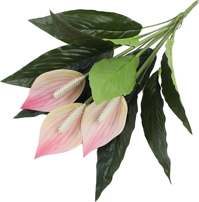 Artificial Peace Lily Plant, Spathiphyllum Artificial Plants with Pink Flowers, 2-Pack 3 Blooms with Green Leaves for Indoor Outdoor Decoration