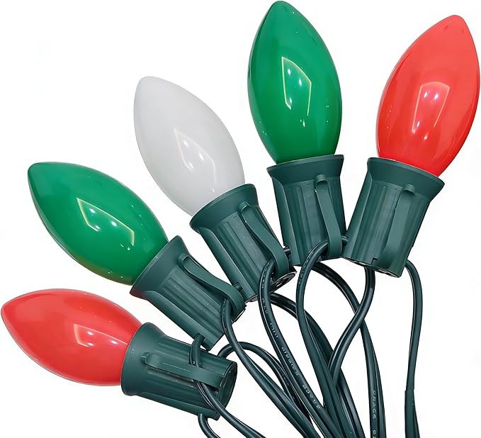 C9 LED Christmas Lights Outdoor, 25Ft Outdoor Christmas Decorations String Lights with 26 C9 LED Red White Green Bulbs, Hanging Vintage Christmas Light for Garden Party Porch Pathway Roofline