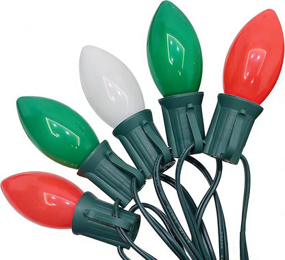 C9 LED Christmas Lights Outdoor, 25Ft Outdoor Christmas Decorations String Lights with 26 C9 LED Red White Green Bulbs, Hanging Vintage Christmas Light for Garden Party Porch Pathway Roofline