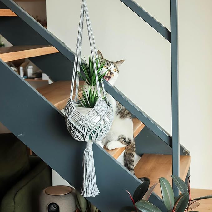 Hanging Planter with Patterns,2Packs Macrame Plant Hangers Indoor Macrame for up to 8 inch Pot Crochet Boho Plant Hanger Holder for Indoor Outdoor with 2S Shaped Stainless Steel Hooks (Gray)