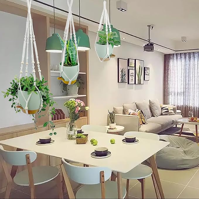 Hanging Planters with Macrame Plant Hangers for Indoor Outdoor Plants,3 Set Hanging Baskets Flower Pots Holders 35‘’/27‘’/21‘’,Self-Watering Pots 7‘’/6‘’/5.5‘’,Boho Home Decor (Green)