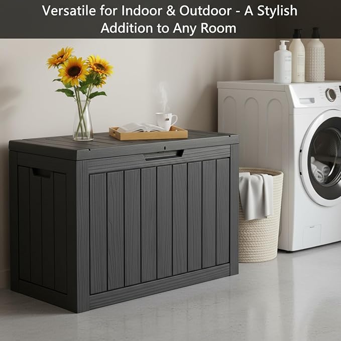 80 Gallon Resin Deck Box, Outdoor Storage Container for Patio Furniture Cushions, Garden Tools, Pool Accessories & Yard Equipment - All-Weather, Lockable, Wood Grain Design