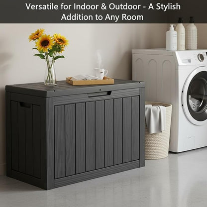 80 Gallon Resin Deck Box, Outdoor Storage Container for Patio Furniture Cushions, Garden Tools, Pool Accessories & Yard Equipment - All-Weather, Lockable, Wood Grain Design