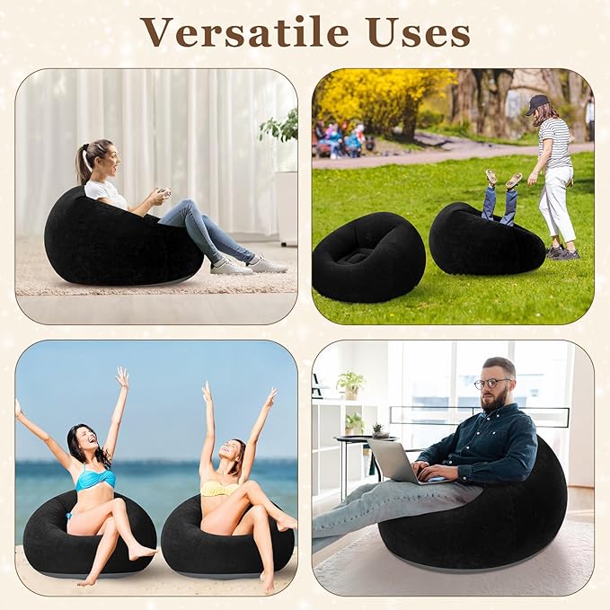 Realspring Inflatable Bean Bag Chairs Outdoor Blow up Camping Chairs Inflatable Lazy Sofa Folding Portable Bean Bag Loungers Couch for Movie Night(Black,2 Pcs)