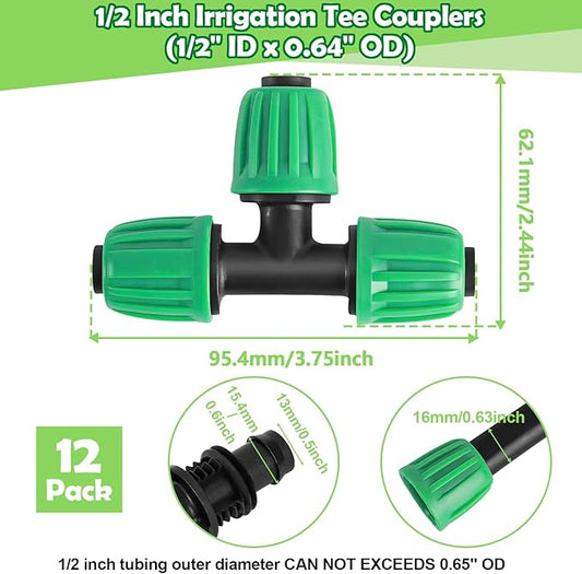 12 Pack 1/2 Inch Drip Irrigation Tee (1/2" ID x 0.65" OD), Drip Line Irrigation Locked Barbed 3 Way T for 1/2'' Irrigation Tubing Anti Leak Irrigation System Tee Fittings