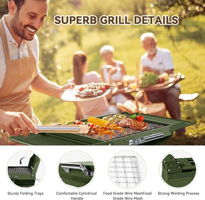 Portable Charcoal Grill Foldable Grills BBQ Grill Charcoal Small Grill for Travel, Camping, Outdoor Cooking, Backyard, Hiking, Patio Garden, Picnics, Green