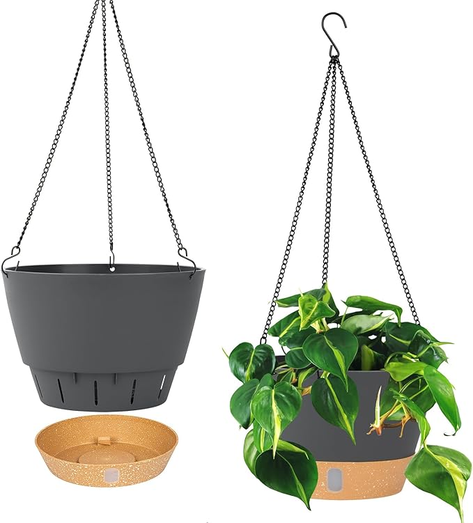 QCQHDU 2 Pack 10 Inch Hanging Planters for Indoor Outdoor Plants, Hanging Baskets Flower Pots with Reservoir Tray & Visible Water-Level