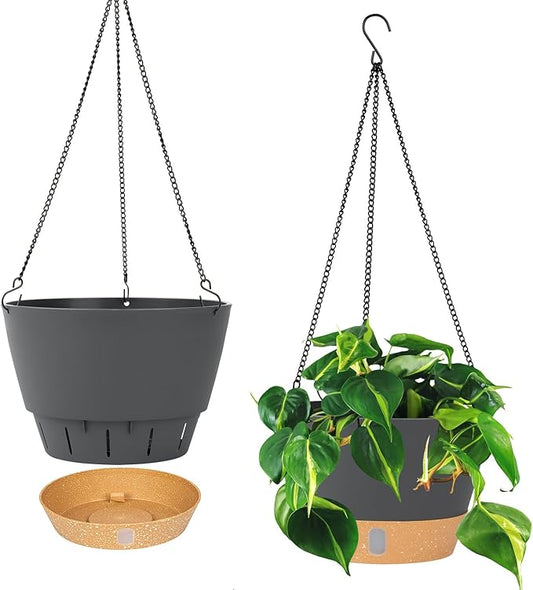 QCQHDU 2 Pack 10 Inch Hanging Planters for Indoor Outdoor Plants, Hanging Baskets Flower Pots with Reservoir Tray & Visible Water-Level