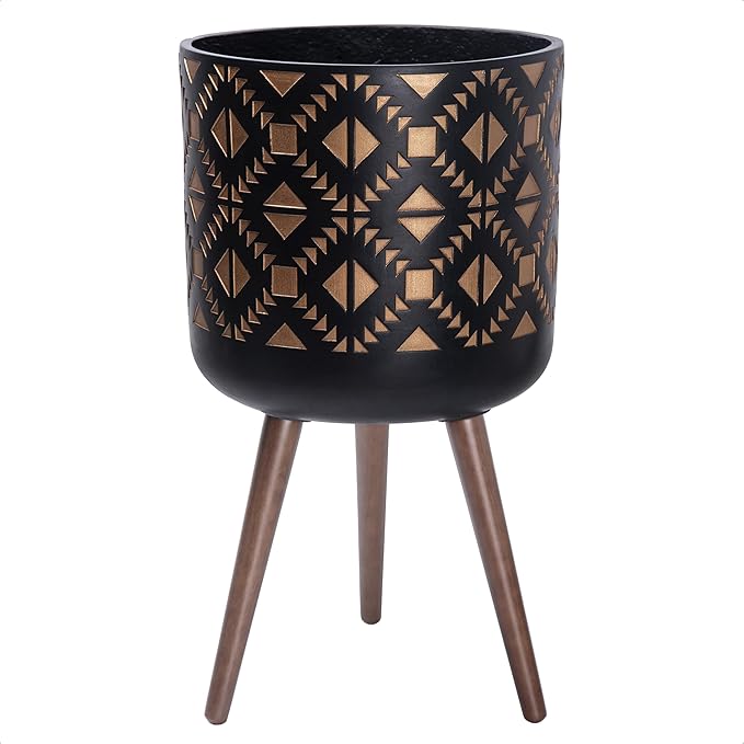 D'vine Dev 14 Inch Planter Pot with Stand, Mid-Century Tall Plant Pot with Legs for Indoor Plants, Bronze/Black, 88-G-D-6