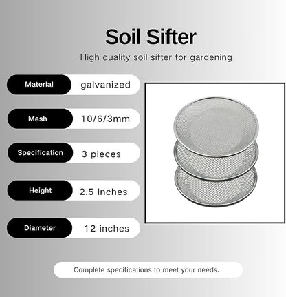 3 PCS Soil Sieve for Garen -12 inches Soil Sifter for Rocks Compost Suitable for 5 Gallon Drums 10mm，6mm，3mm
