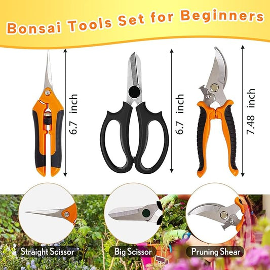 Bonsai Tools Set for Beginners, Bonsai Tree Kit with Training Wire, Scissors, Pruning Shears, Repotting Kit, Indoor Plant Tools Starter Kit (Orange)