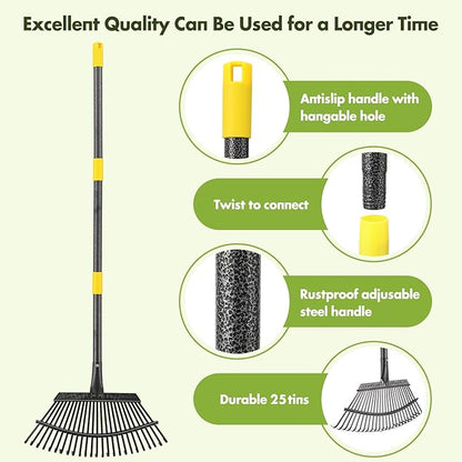 INFLATION Heavy Duty Garden Rake for Leaves for Lawns 65” Length 18” Width Adjustable 25 Tines Sturdy Metal Yard Gardening Leaf Rakes for Women Men with Smooth Comfortable Long Handle