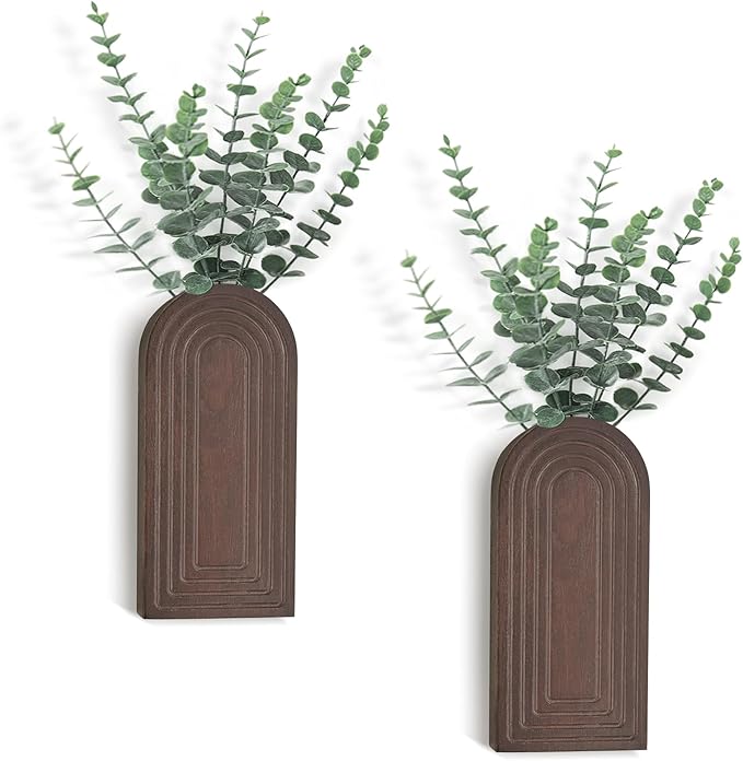 Dahey Wood Wall Vase Planter with Artificial Eucalyptus, 2 Pack Hanging Planter for Indoor Fake Plants Modern Boho Farmhouse Wall Art Decor for Bathroom Bedroom Kitchen Office Home Decoration, Brown