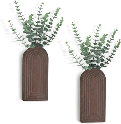 Dahey Wood Wall Vase Planter with Artificial Eucalyptus, 2 Pack Hanging Planter for Indoor Fake Plants Modern Boho Farmhouse Wall Art Decor for Bathroom Bedroom Kitchen Office Home Decoration, Brown