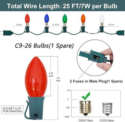 SUNSGNE 25Ft Christmas Lights Outdoor, C9 Multicolor Christmas Lights with 26 Colored Ceramic Incandescent Bulbs for Holiday, Xmas, Roofline, Wedding- Green Wire