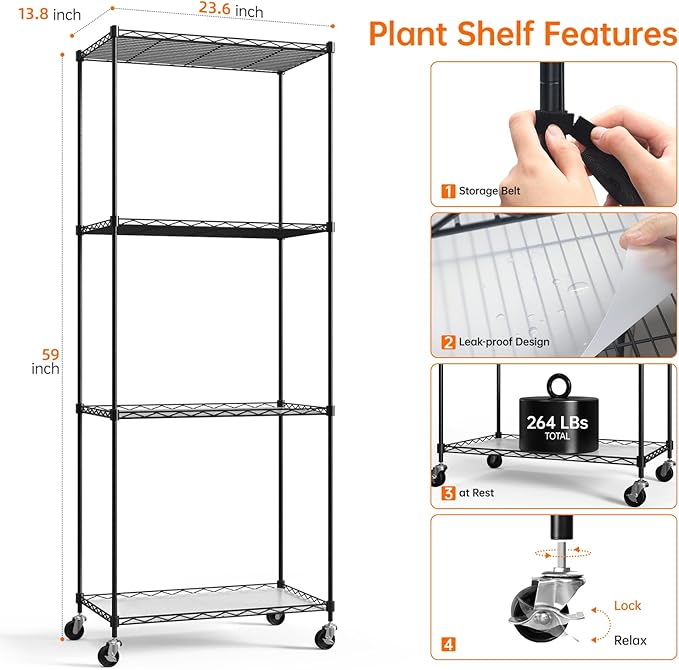 Bstrip Plant Shelf with Grow Light with Timer, Plant Stand with Adjustable Rack and Wheels, 3 Pack 72W T8 2FT Full Spectrum Grow Lights for Indoor Plants, Seed Starting, Seed Tray, 23.5"x13.8"x59"